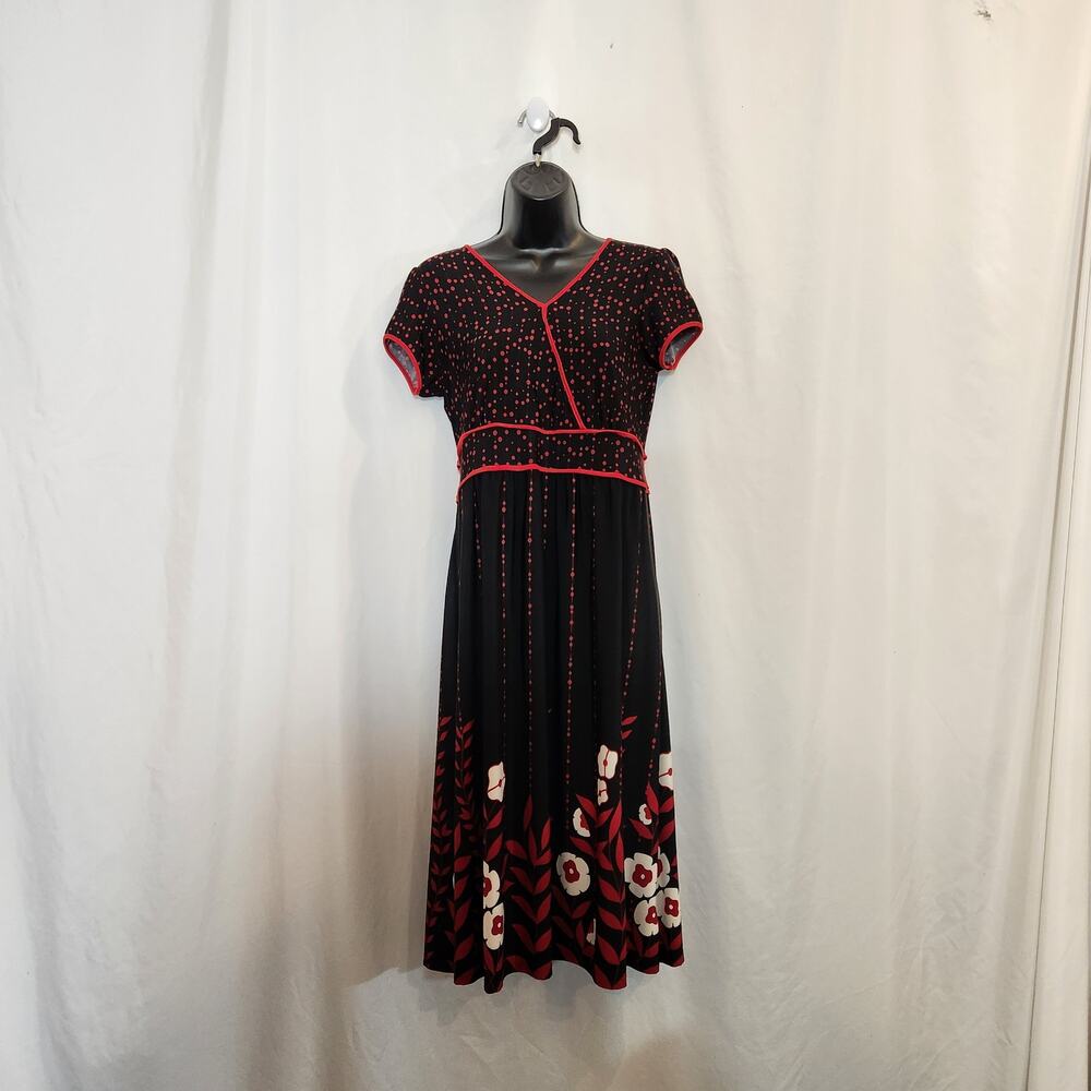 APT 9 Black Red Floral‎ Dot Dash Artsy Art To Wear Midi Dress Pin Up Womens M